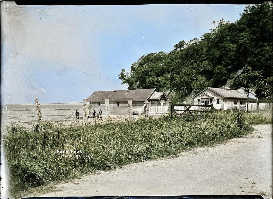 Bath houses at Hot Springs Hotel, Waiwera. Price, William Archer, 1866-1948 colorized by Ahmet Asar #1 Painting by Celestial Images