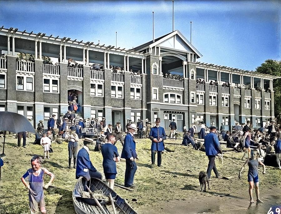 Bathhouse at English Bay, Vancouver, BC 1900s by Philip Timms colorized by Ahmet Asar #1 Painting by Celestial Images