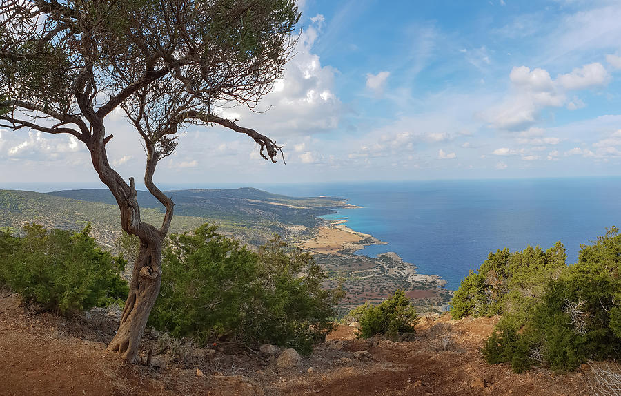 Bays and blue lagoon seen from Aphrodite trail, Akamas peninsula #1 Photograph by Iordanis Pallikaras