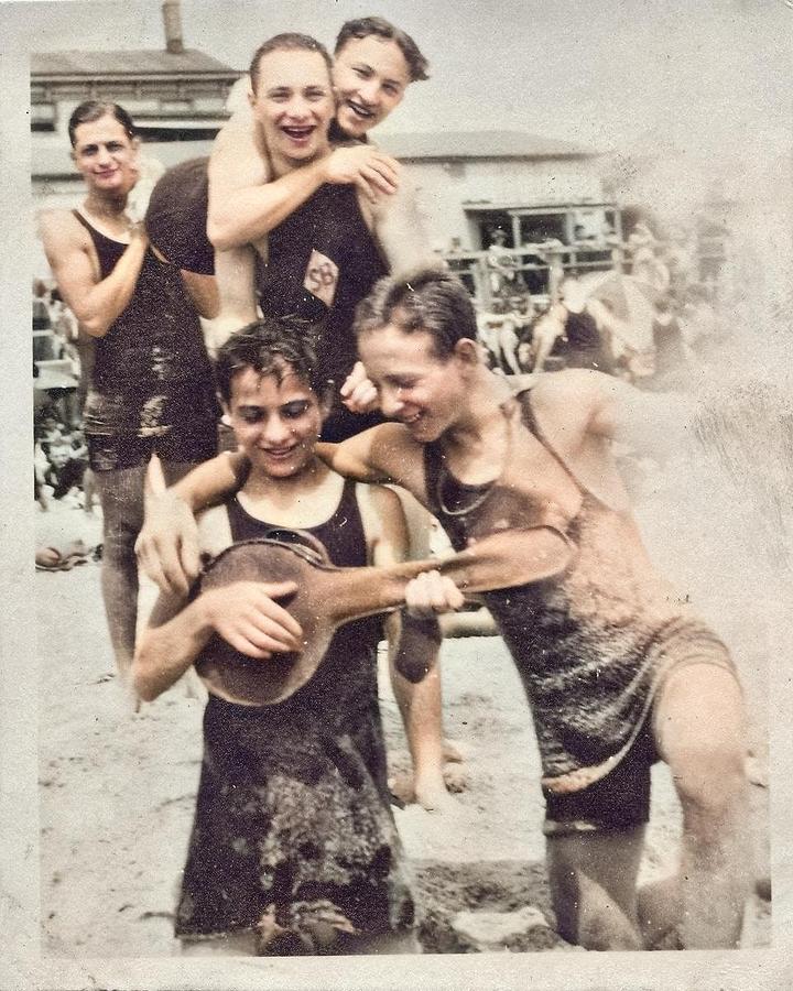 Beach buddies 1920s colorized by Ahmet Asar #1 Painting by Celestial Images