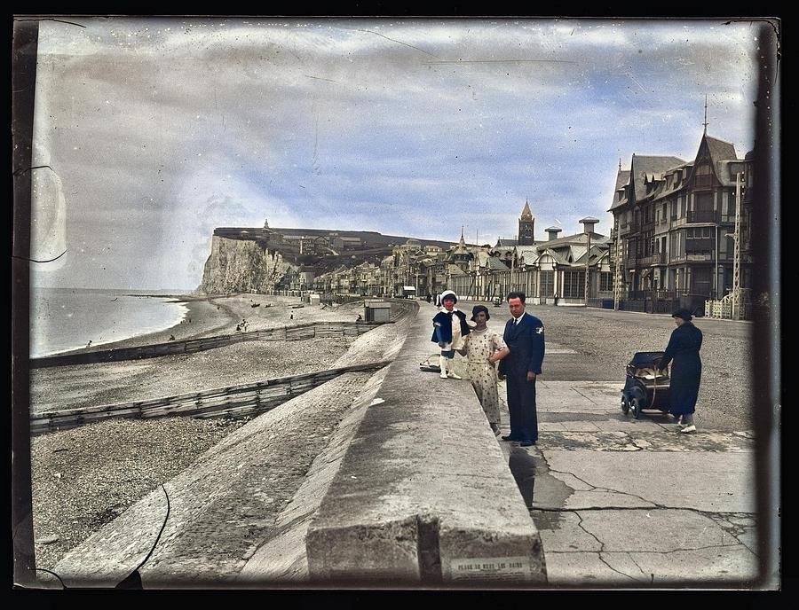 Beach in France, Circa 1900s-1910s from Silver Dry Gelatin Negative colorized by Ahmet Asar colorize #1 Painting by Celestial Images