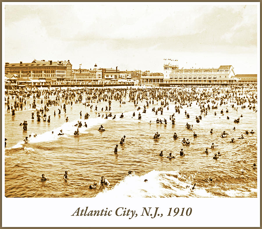 Beach, Surf, Bathers, Atlantic City, New Jersey, 1910 #1 Photograph by A Macarthur Gurmankin