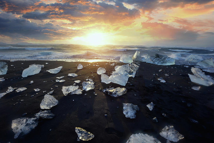 Beautiful Sunset Over Famous Diamond Beach, Iceland Photograph by Cavan ...