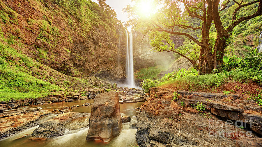 Jungle Photograph - Beautiful waterfall hidden in the tropical jungles panorama view #1 by MotHaiBaPhoto Prints