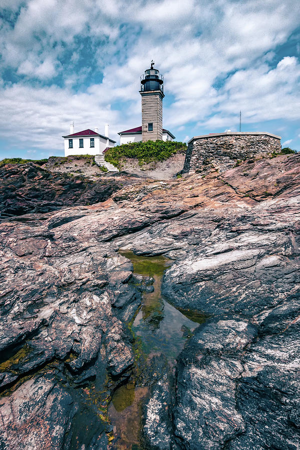 Beavertail Lighthouse Over Unique Rock Formation #1 Photograph by Alex Grichenko