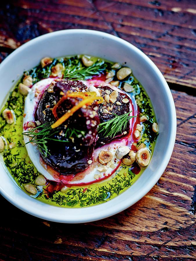 Beetroot, Fromage Frais Mousse, Olive Oil With Hazelnuts And Dill #1 Photograph by Amiel