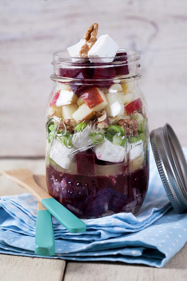 Beetroot With Goats Cheese, Apple, Walnuts, Olives And Onions In A Glass Jar #1 Photograph by Elisabeth Von Plnitz-eisfeld