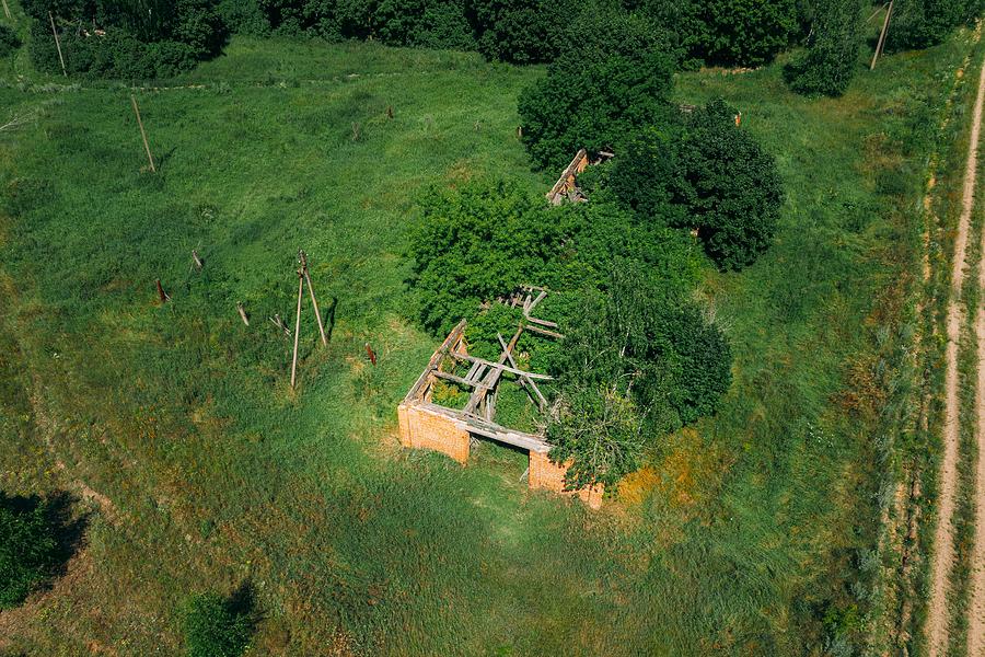 Summer Photograph - Belarus. Aerial View Of Ruined Cowshed #1 by Ryhor Bruyeu