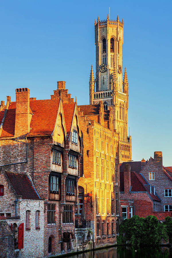 Belgium, Flanders, Bruges, Benelux, Quay Of The Rosary (rozenhoedkaai), Typical Houses On The Canal And Belfry Tower #1 Digital Art by Luigi Vaccarella