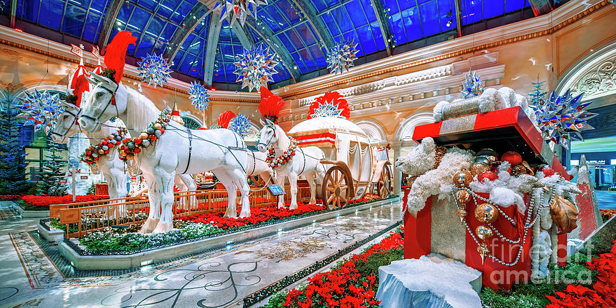 Bellagio Christmas Horse Carriage Decorations Ultra Wide Side Shot at Dawn 2018 #2 Photograph by Aloha Art