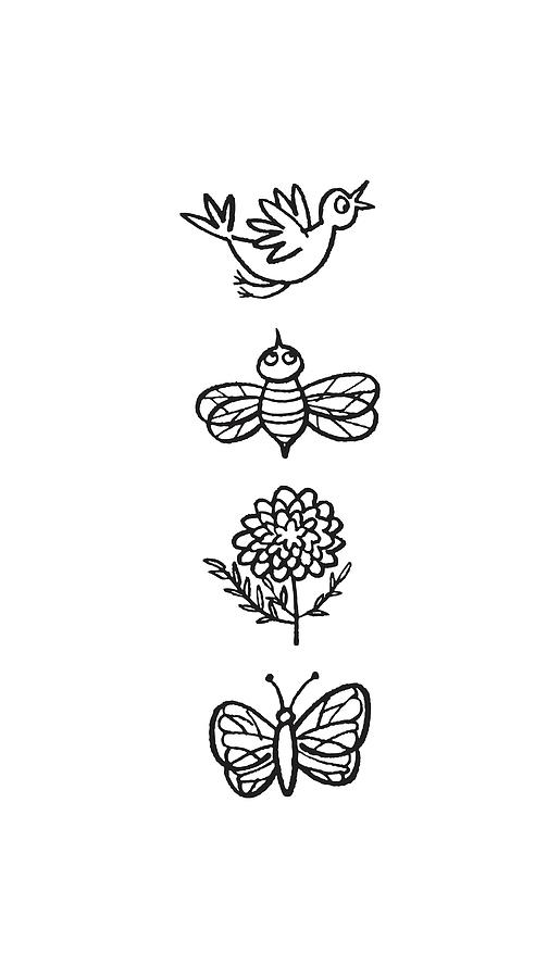 Black And White Drawing - Bird Bee Flower Butterfly #1 by CSA Images