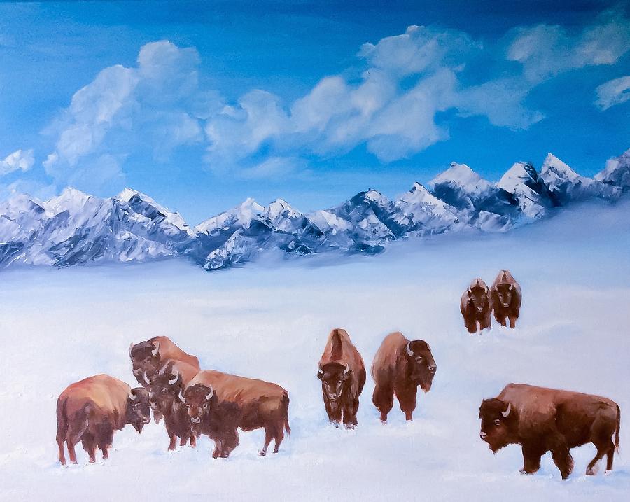Bison in the Tetons #1 Painting by Ellen Canfield