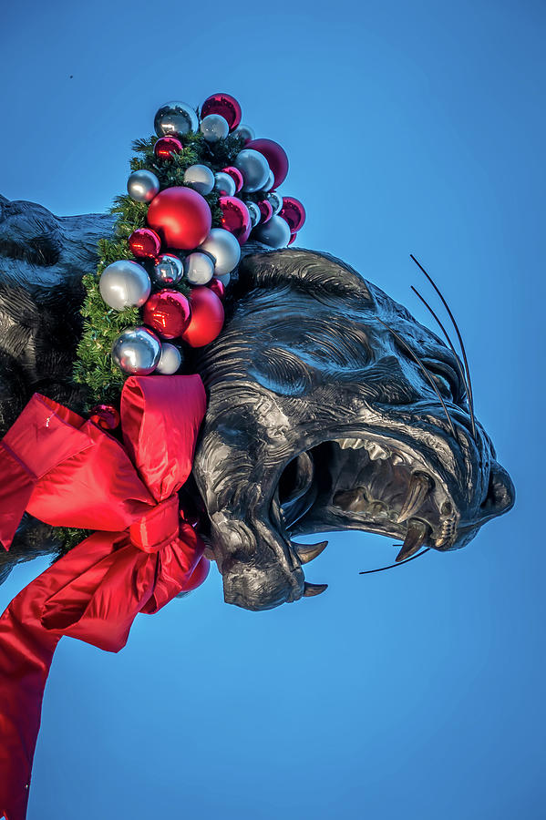 Black Panther Statue Decorated In Christmas Wreath In Charlotte  #1 Photograph by Alex Grichenko