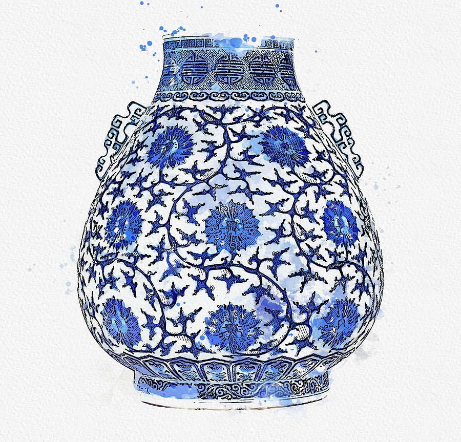 BLUE AND WHITE  LOTUS SCROLL VASE watercolor by Ahmet Asar #1 Painting by Celestial Images