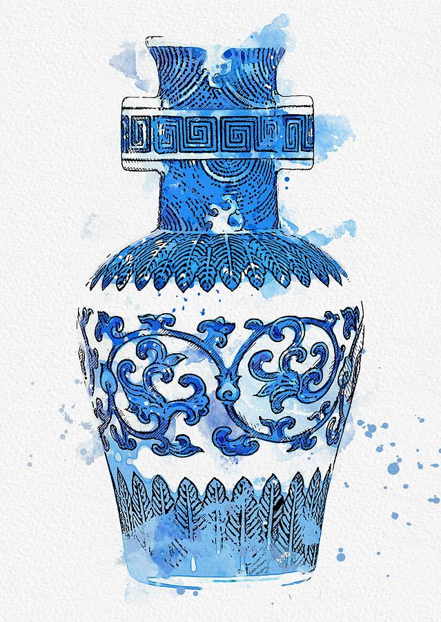 BLUE AND WHITE  MAKARA JAR watercolor by Ahmet Asar #1 Painting by Celestial Images