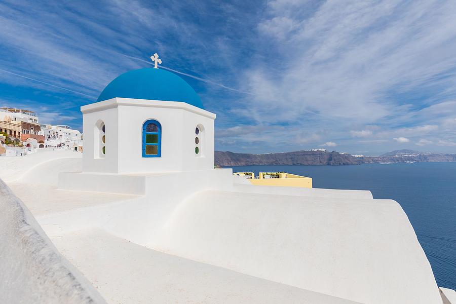 Greek Photograph - Blue Dome In Santorini, Fira. Summer #1 by Levente Bodo