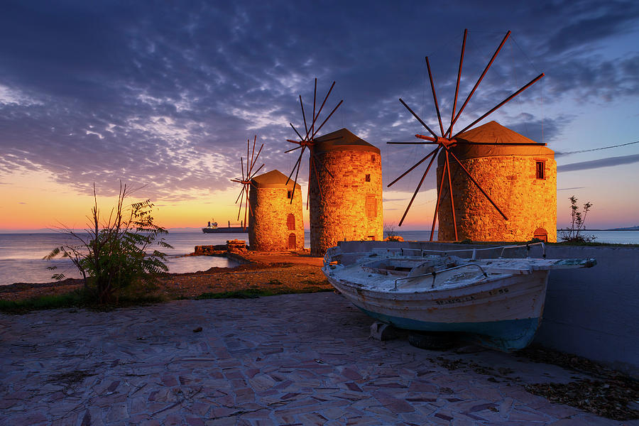 Greek Photograph - Blue Hour Image Of The Iconic Windmills In Chios Town. #1 by Cavan Images