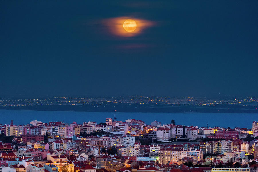 Blue Moon Rising Over Lisbon #1 Photograph by Miguel Claro/science Photo Library
