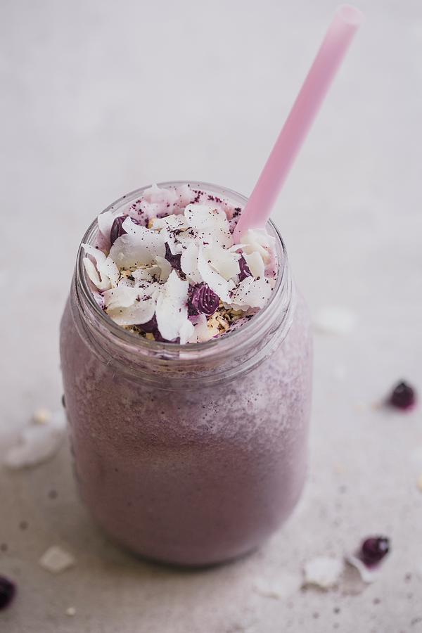 Blueberry And Banana Smoothie With Oats, Coconut Milk And Berry Powder #1 Photograph by Rose Hewartson