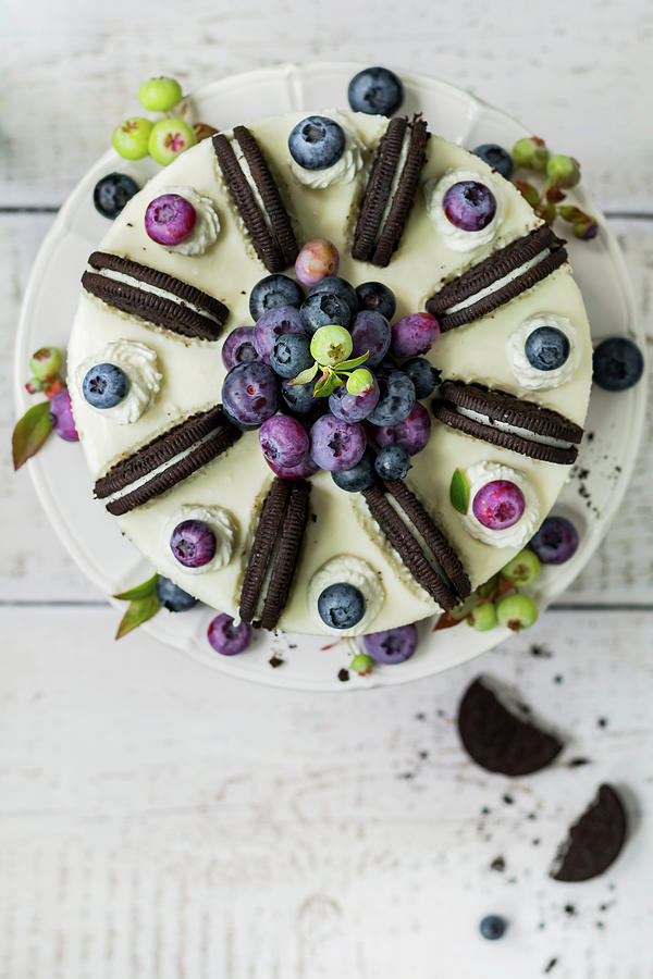 Blueberry And Yoghurt Cake With Chocolate Biscuits #1 Photograph by Joanna Lewicka