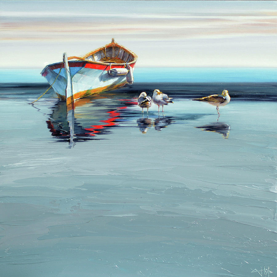 Boat Painting - Boat and Seagulls by Jihong  Shi