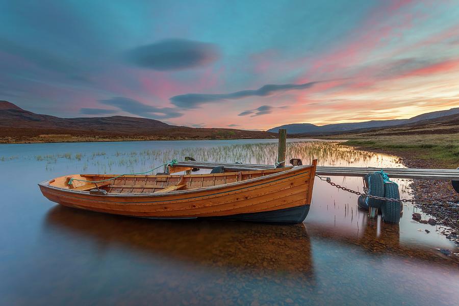 Sunset Digital Art - Boat On Lake Shore #1 by Fortunato Gatto