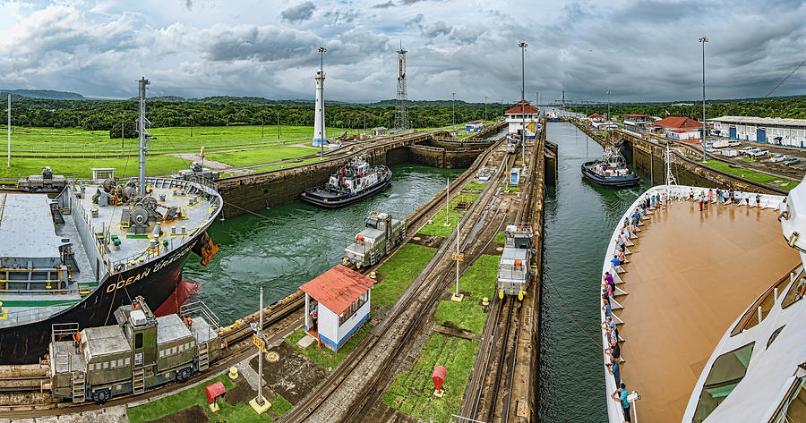 Boats In A Canal, Panama Canal Locks #1 Photograph by Panoramic Images