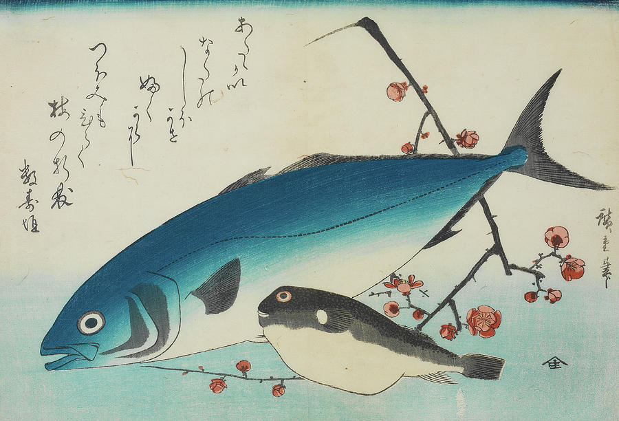 Hiroshige Painting - Bonito, Globefish and a Spray of Blossoming Plum, 19th century by Utagawa Hiroshige