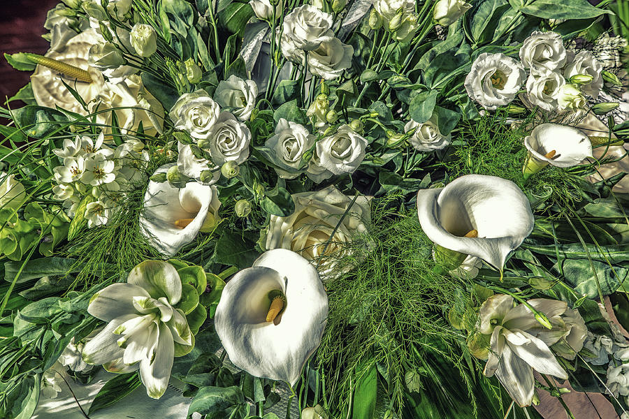 Bouquet Of White Flowers, Roses, Calla Lilies And Green Leaves #1 Photograph by Vivida Photo PC