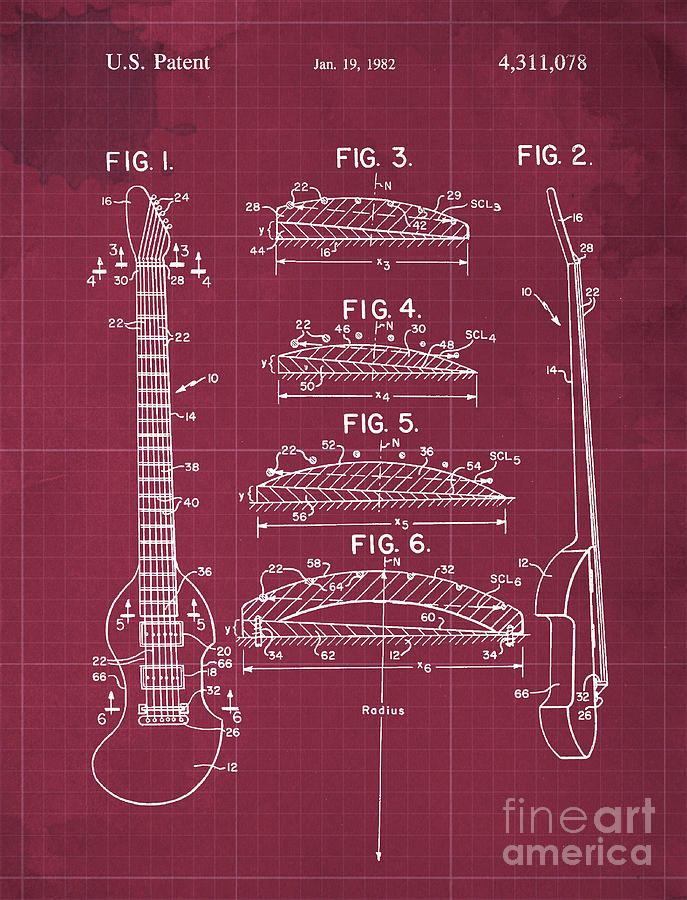 Bow Playable Guitar Patent Year 1982 Drawing