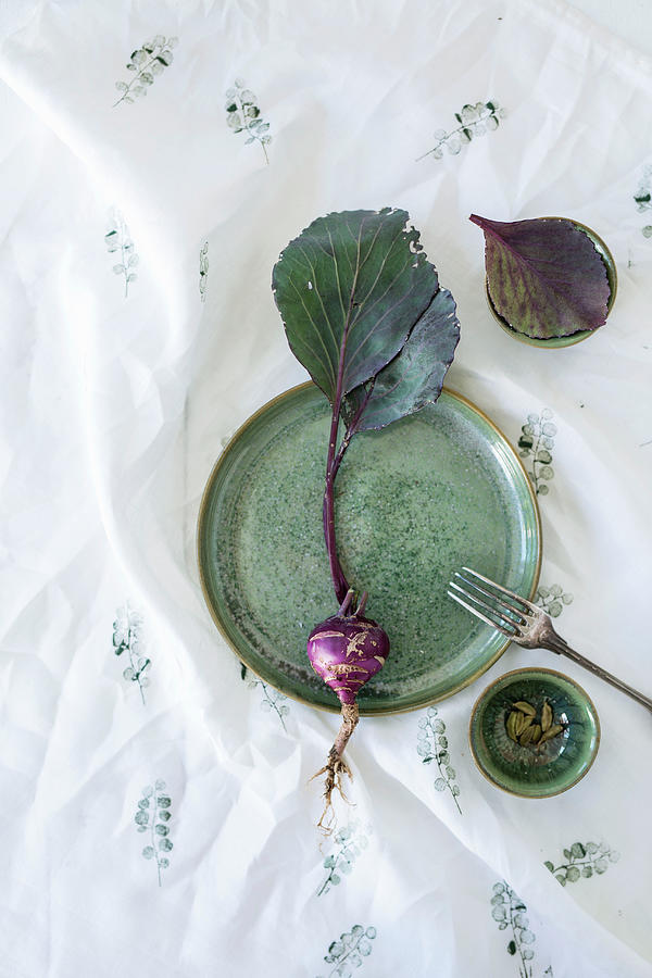 Bowls, Plate And Purple Kohlrabi On Printed Cloth #1 Photograph by Syl Loves