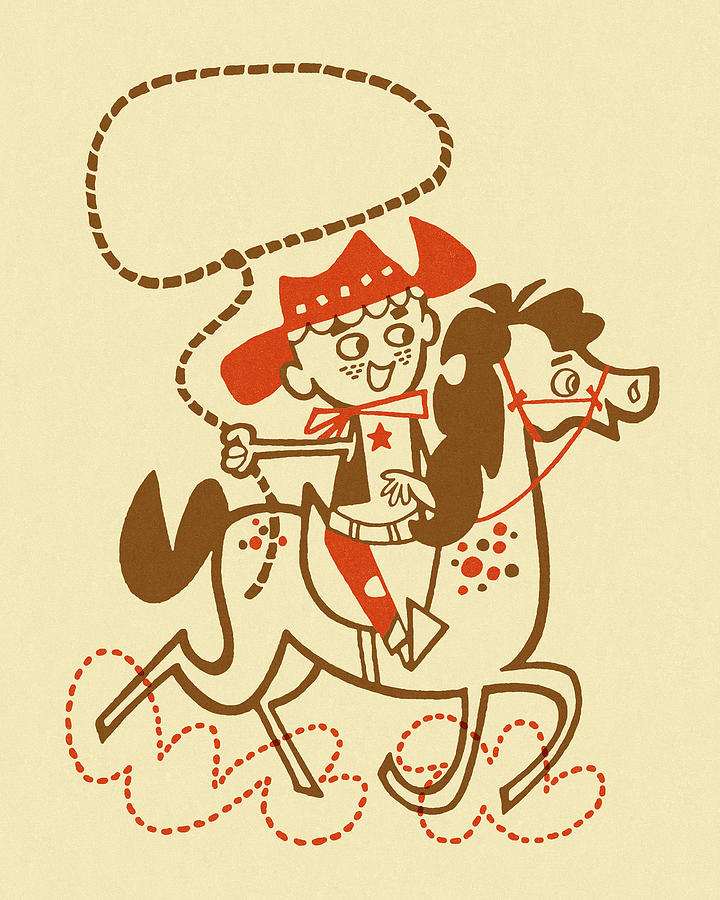 Vintage Drawing - Boy Cowboy on Horse With Lasso #1 by CSA Images