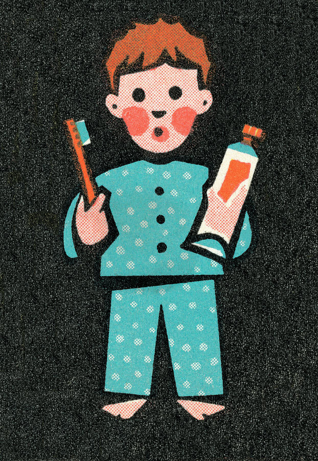 Vintage Drawing - Boy in pajamas brushing teeth #1 by CSA Images