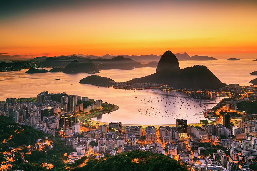Brazil, Rio De Janeiro, Sugarloaf Mountain, Baia De Guanabara, Flamengo, Botafogo And Sugarloaf Mountain At Sunrise #1 Digital Art by Antonino Bartuccio