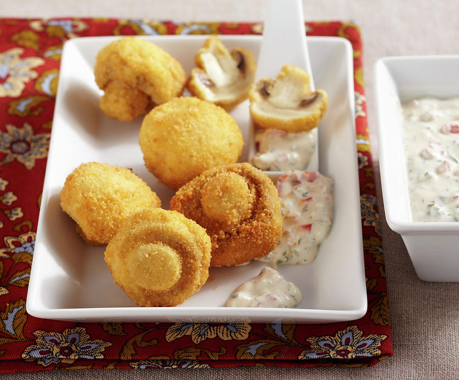 Breaded, Crispy Fried Mushrooms With A Vegetable Dip Made From Mayonnaise And Yoghurt #1 Photograph by Teubner Foodfoto