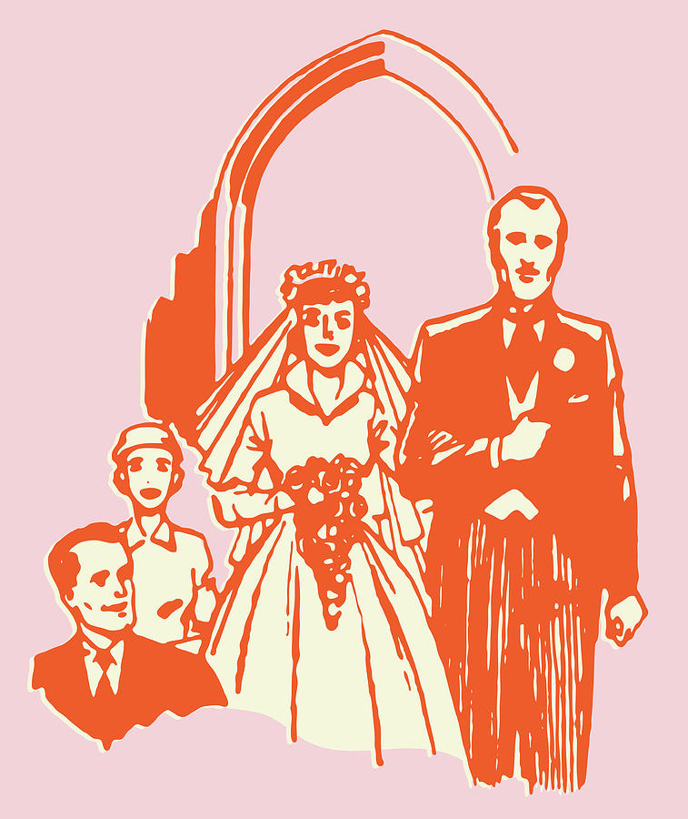 Vintage Drawing - Bride Walking Down Aisle with Father in Military Dress #1 by CSA Images