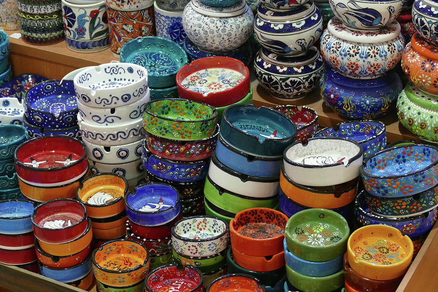Bright colored enamel bowls in  Grand Bazaar #1 Photograph by Steve Estvanik