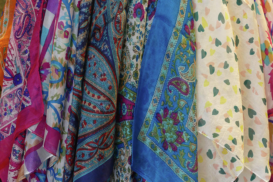 Brightly colored scarfs and veils  in the  Silk bazaar #1 Photograph by Steve Estvanik