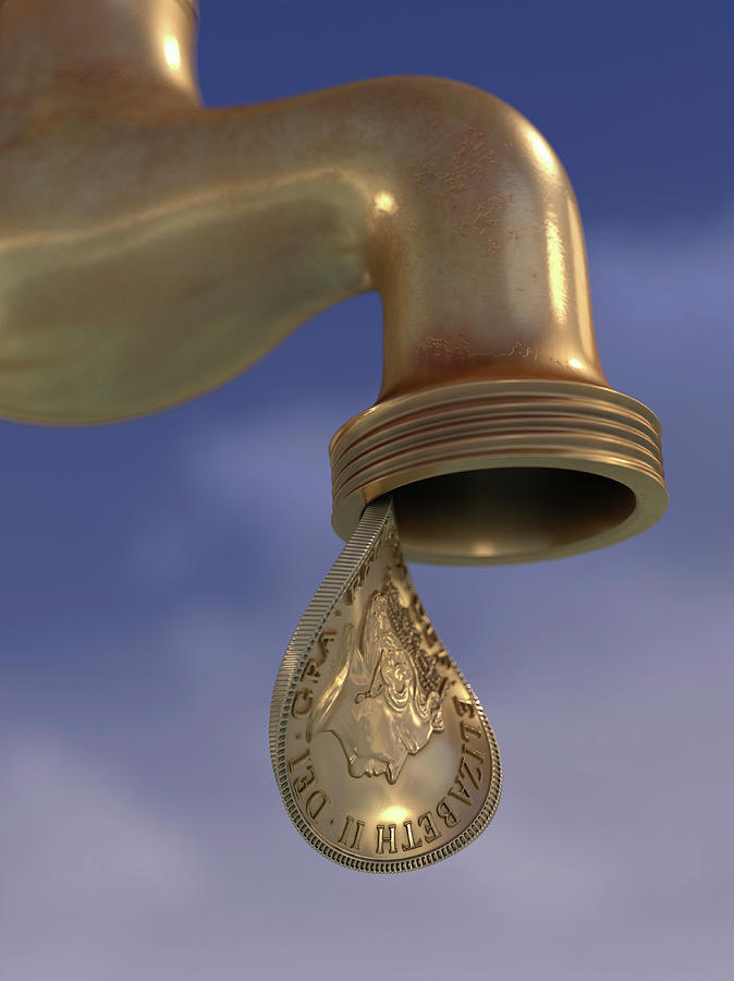 British Gold Coin Dripping From Tap #1 Photograph by Ikon Images
