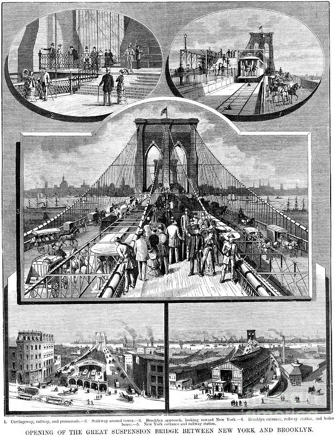 Brooklyn Bridge Drawing - Brooklyn Suspension Bridge, New York #1 by Print Collector