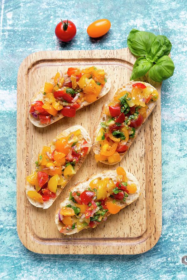 Bruschetta With Colourful Tomatoes And Basil #1 Photograph by Sandra Rsch