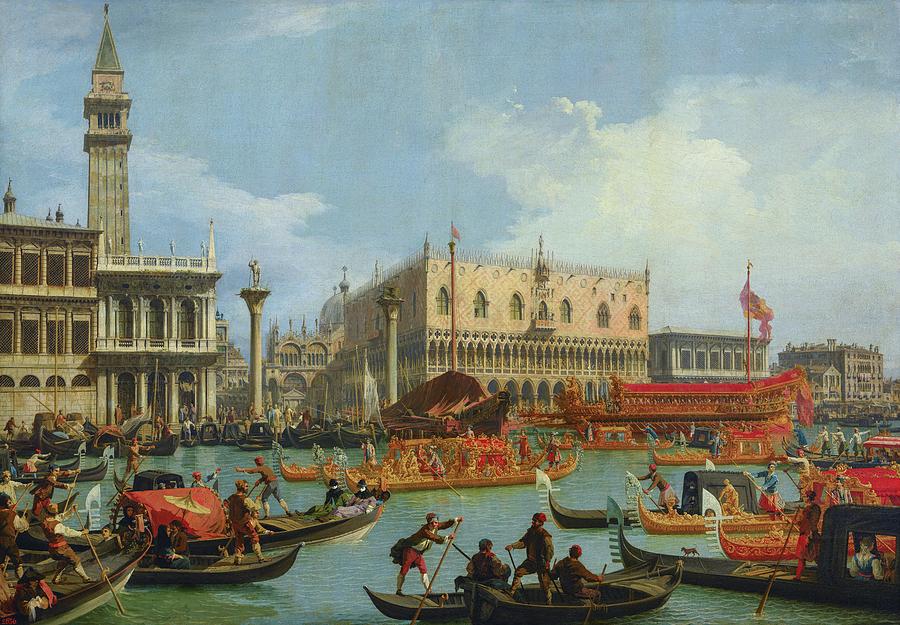 Canaletto Painting - Bucentaurs return to the pier by the Palazzo Ducale #2 by Canaletto