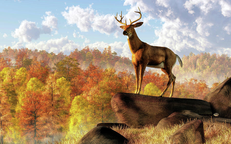 Animal Painting - Buck Over Autumn Valley #1 by Daniel Eskridge