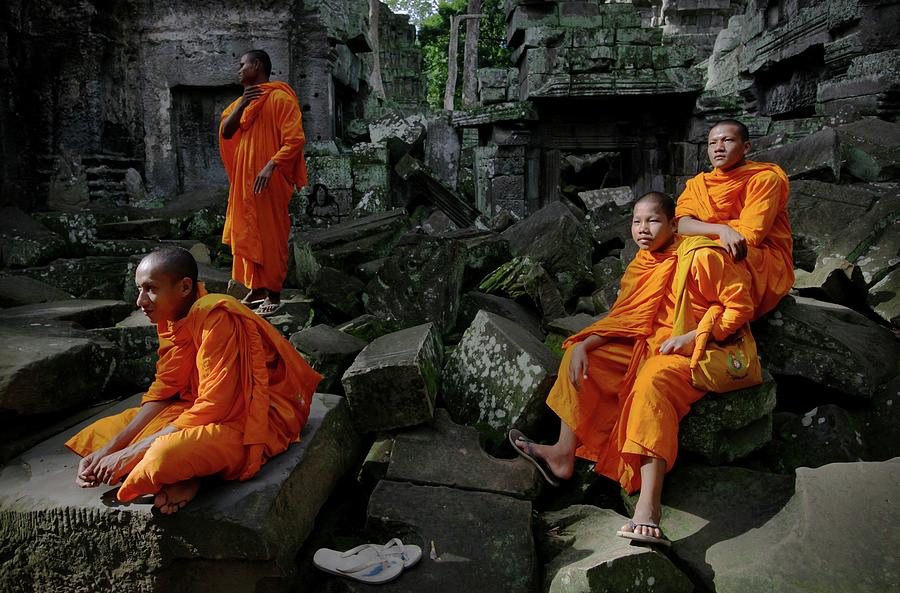Buddhist Monks At Angkor Wat Temple #1 Photograph by Timothy Allen