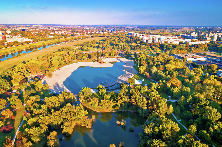 Bundek lake and city of Zagreb aerial autumn view #1 Photograph by Brch Photography