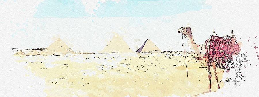 Camel By The Pyramid -  Watercolor By Ahmet Asar Painting