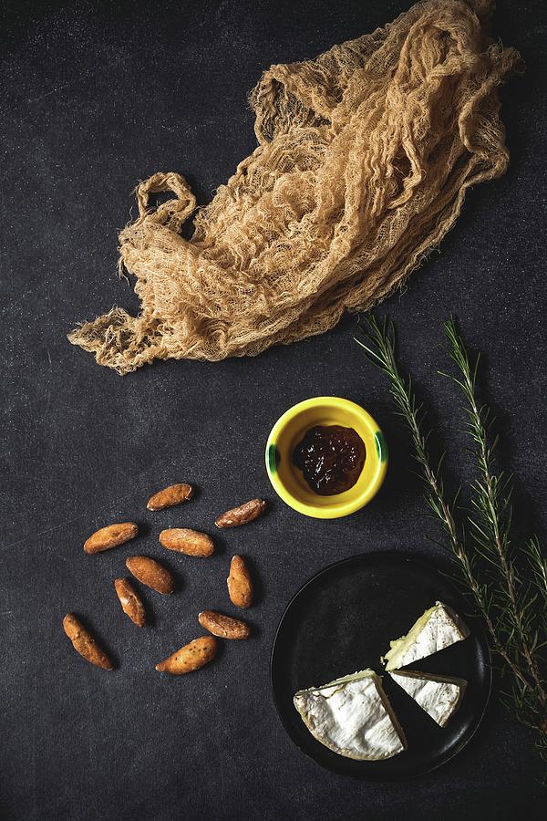 Camembert Cheese With Breadsticks And Jam On Old Table With Napkin #1 Photograph by Eduardo Lopez Coronado