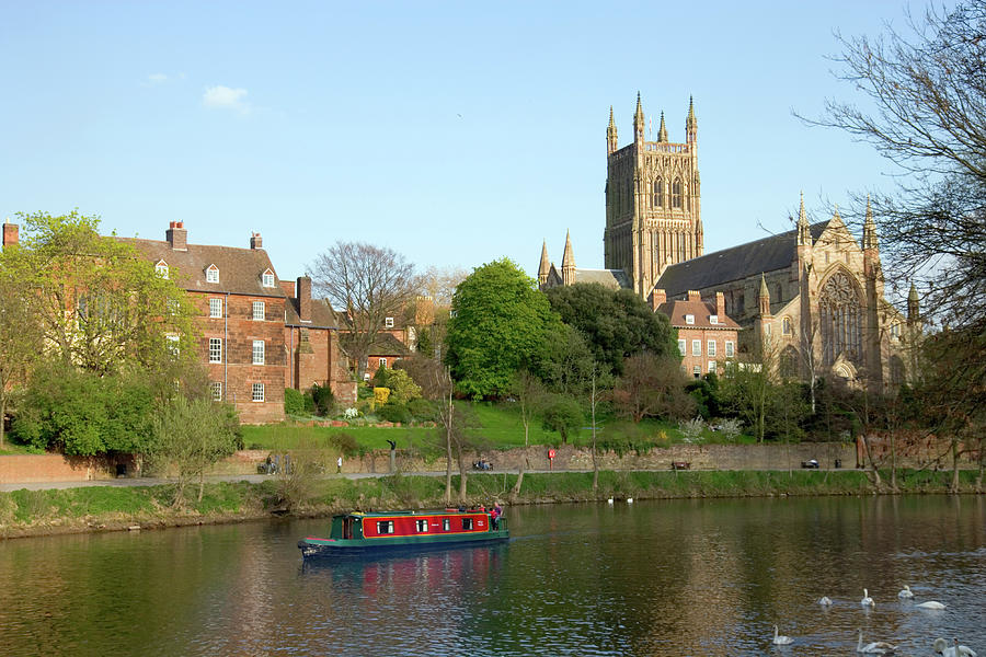 Canal boat on the River Severn by Worcester Cathedral #1 Photograph by Seeables Visual Arts