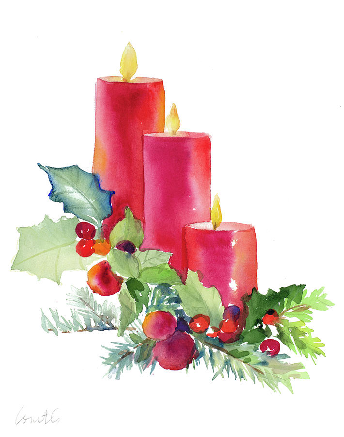 Holiday Painting - Candles With Holly #1 by Lanie Loreth