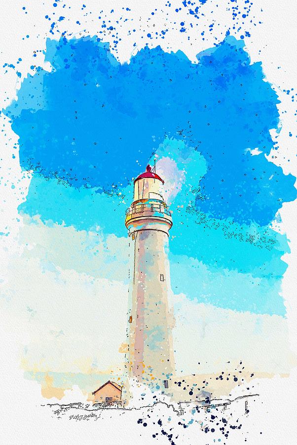Architecture Painting - Cape Elizabeth Lighthouse, Cape Elizabeth, United States -  watercolor by Adam Asar #1 by Celestial Images